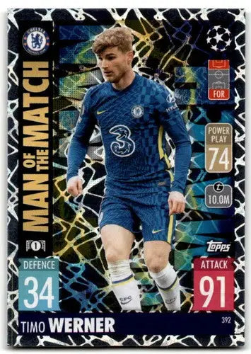 Timo Werner Man of the Match trading card from 2021-22 Topps Match Attax UEFA Champions League featuring original gloss and Simply Sandoval ID 41624