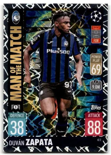 Original gloss Duvan Zapata Man of the Match trading card from 2021-22 Topps Match Attax UEFA Champions League