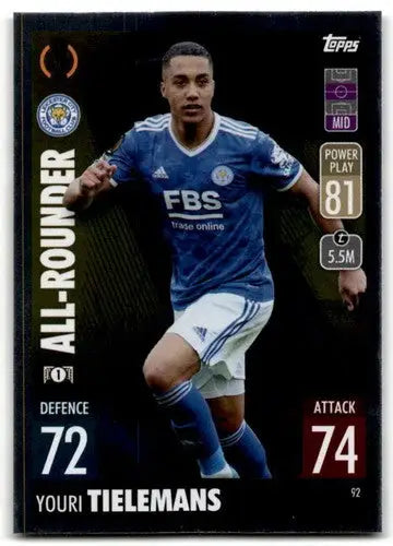 Youri Tielemans trading card from 2021-22 Topps Match Attax UEFA Champions League featuring original gloss