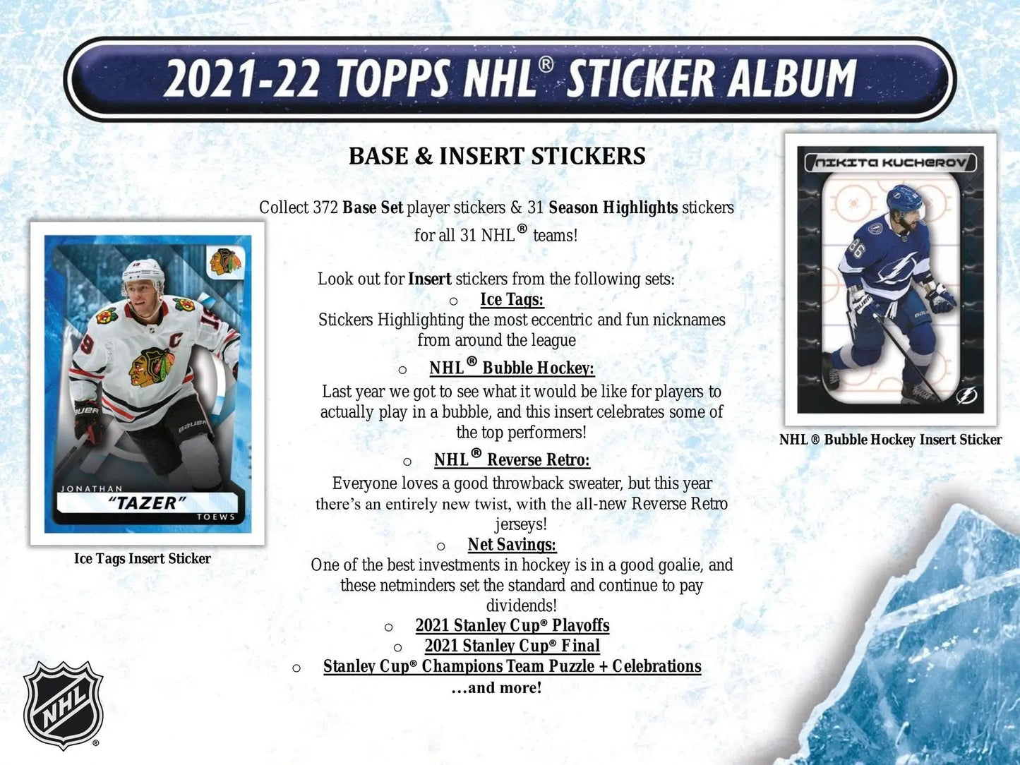 Promotional flyer for 2021-22 Topps NHL Sticker Collection Box featuring hockey players and NHL reverse retro stickers