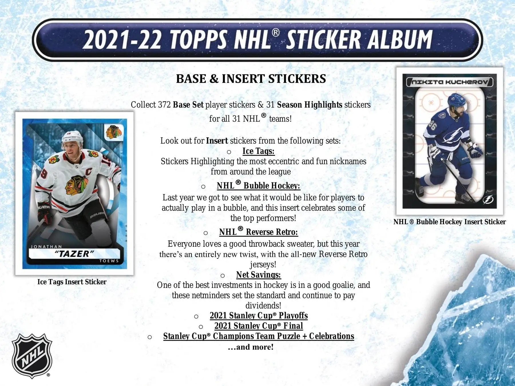 Promotional flyer for 2021-22 Topps NHL Sticker Collection Box featuring hockey players and NHL reverse retro stickers