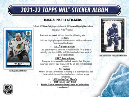 Promotional flyer for 2021-22 Topps NHL Sticker Collection Box featuring hockey players and NHL reverse retro stickers