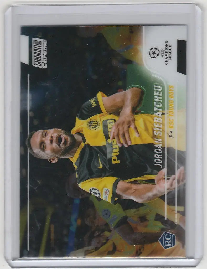 Soccer trading card of Jordan Siebatcheu in yellow and black for Topps Stadium Club Chrome