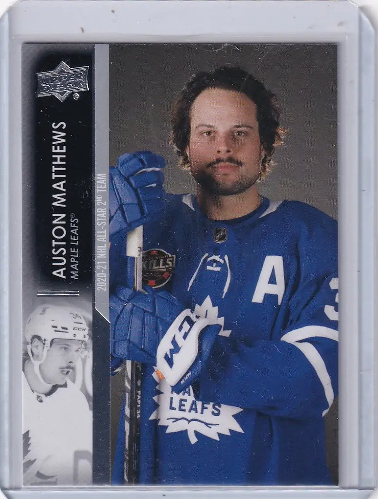 Hockey trading card of Auston Matthews Toronto Maple Leafs in blue jersey