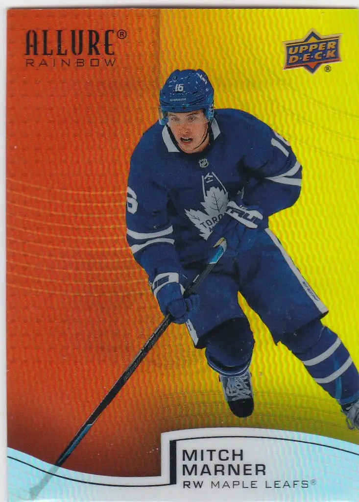 Hockey trading card featuring Mitch Marner in action from Upper Deck Allure Orange Yellow Rainbow