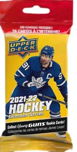 Sealed Fat Pack of Upper Deck 2021-22 Hockey Trading Cards with player in blue jersey