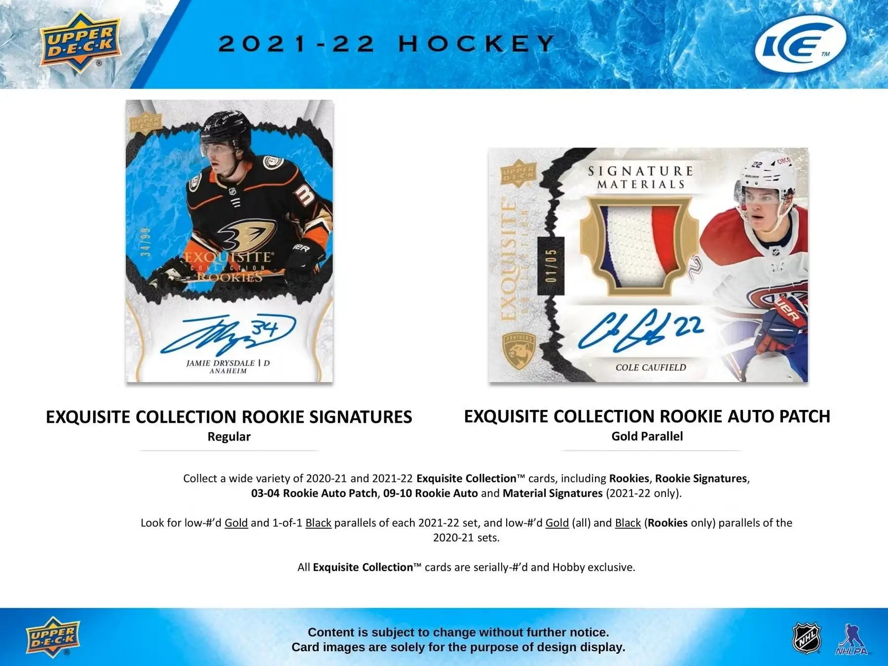 Hockey card advertisement for 2021-22 Upper Deck Ice Hockey Hobby Box showcasing base set and ice premieres