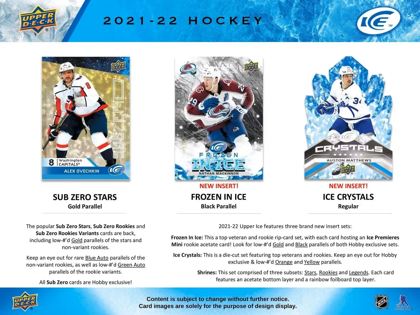 Hockey trading cards from the 2021-22 Upper Deck Ice Hockey Hobby Box featuring ice premieres and exquisite collection