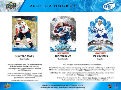 Hockey trading cards from the 2021-22 Upper Deck Ice Hockey Hobby Box featuring ice premieres and exquisite collection