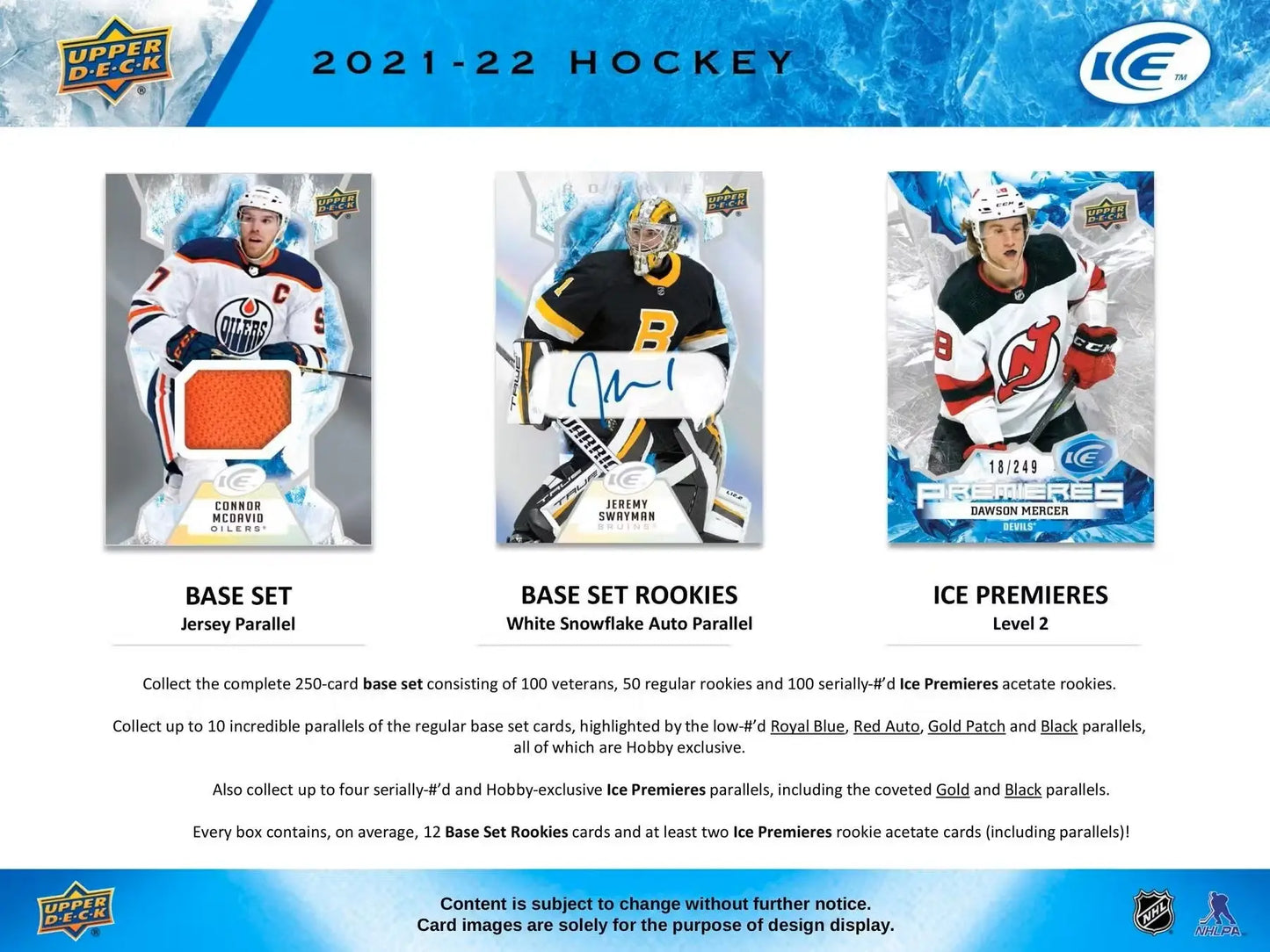 Hockey card product advertisement for 2021-22 Upper Deck Ice Hockey Hobby Box featuring base set and Ice Premiers from the exquisite collection