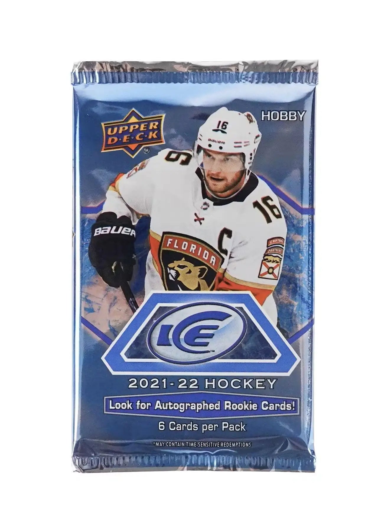 Sealed pack of 2021-22 Upper Deck Ice Hockey cards featuring base set and Ice Premiers