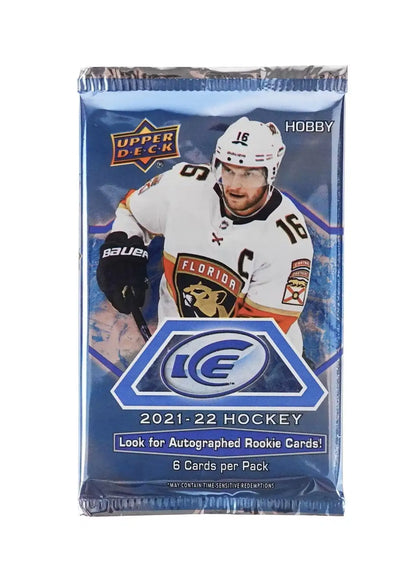 Sealed pack of 2021-22 Upper Deck Ice Hockey cards featuring base set and Ice Premiers