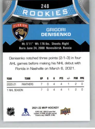 Grigori Denisenko hockey card 2021-22 Upper Deck MVP NM-MT RC for Panthers collectors
