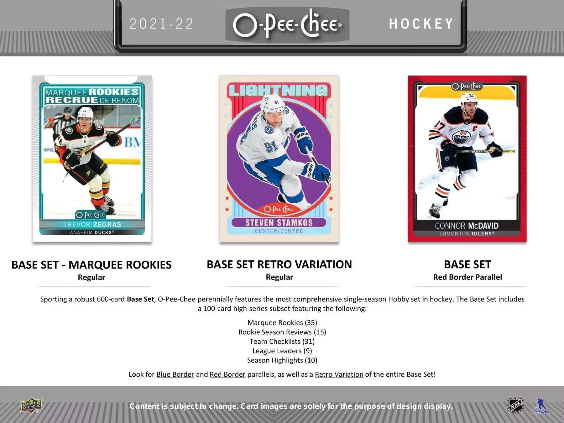 Display of three 2021-22 Upper Deck O-Pee-Chee hockey trading cards including base set and yellow border parallel