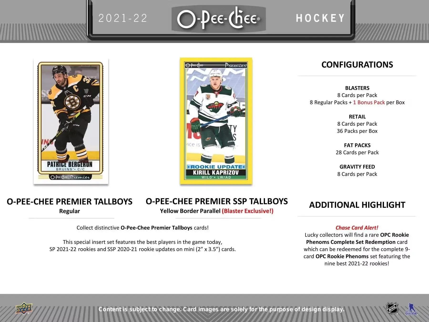 Hockey card product ad featuring 2021-22 Upper Deck O-Pee-Chee Retail Box with base set, OPC Rookie Phenom and O-pee-chee Premier