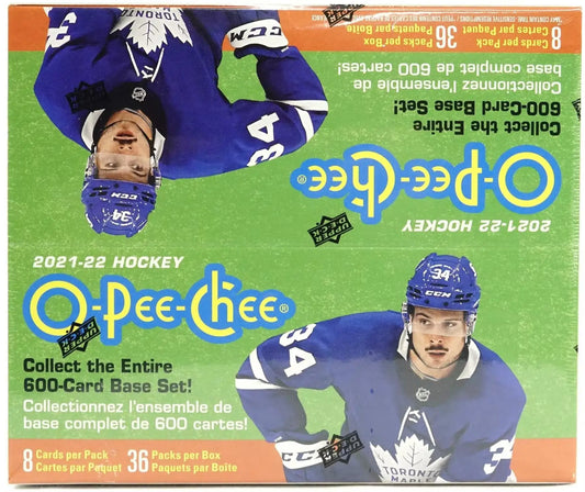 2021-22 O-Pee-Chee hockey card box with base set, OPC Rookie Phenoms, and O-Pee-Chee Premier Tallboys