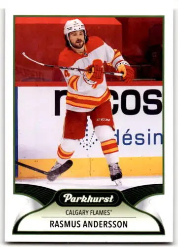 Hockey trading card of Rasmus Andersson in red and white Calgary Flames uniform, Upper Deck Parkhurst original gloss