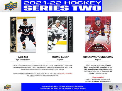 Advertisement for 2021-22 Upper Deck Series 2 Hockey Sealed Hobby Pack featuring clear cut cards