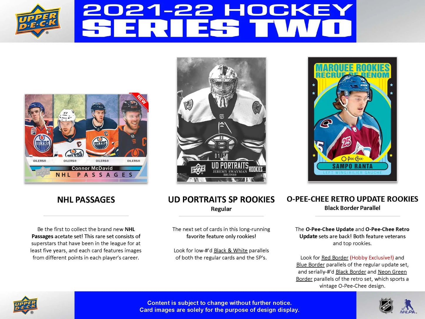 Hockey card product advertisement for 2021-22 Upper Deck Series 2 Hockey sealed hobby pack featuring Clear Cut collectible cards