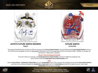Hockey trading cards from 2021-22 Upper Deck SP Authentic with autographed future watch images