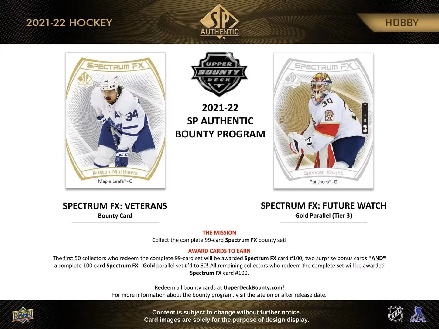 Hockey card promotion on 2021-22 Upper Deck SP Authentic Hobby Box featuring autographed future watch