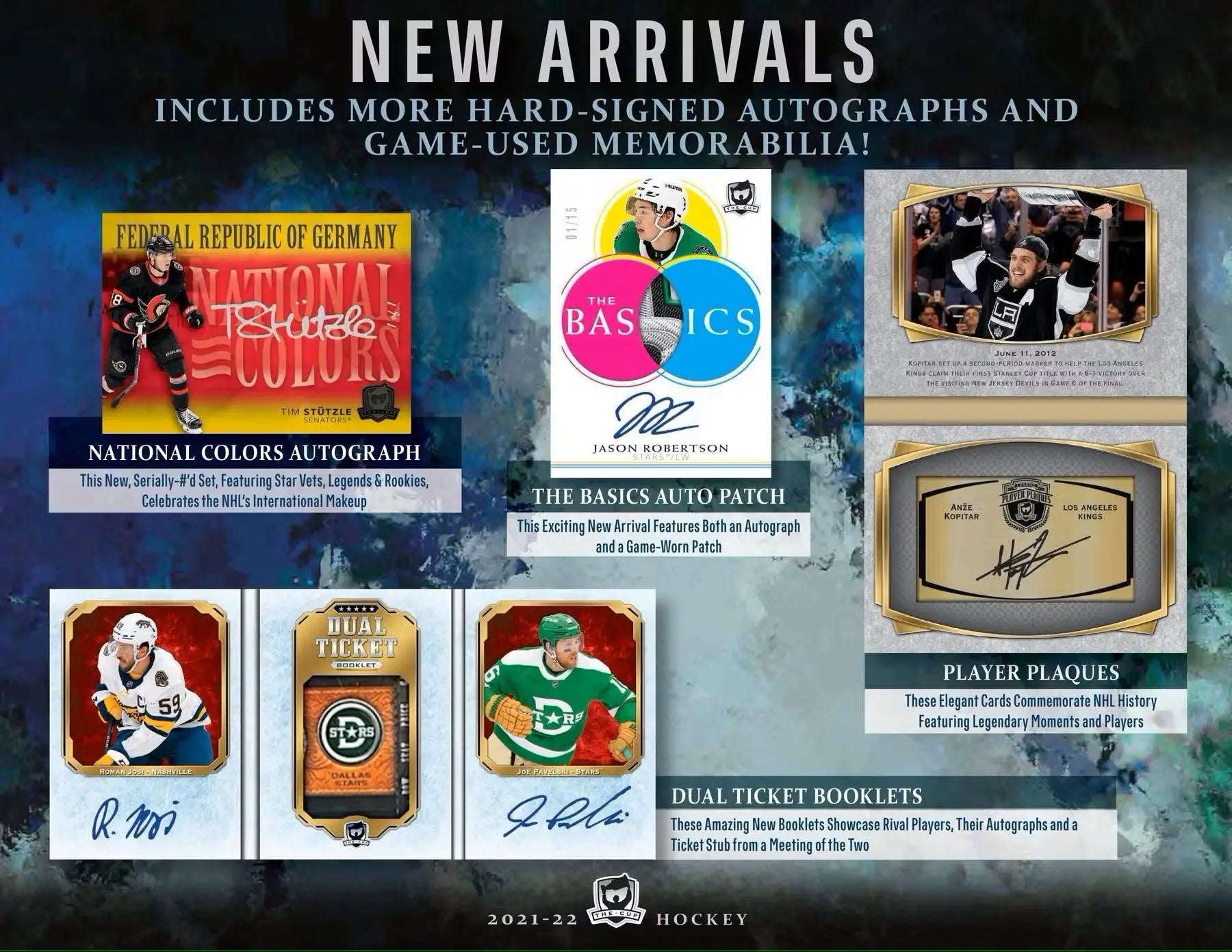 Hockey card advertisement showcasing 2021-22 Upper Deck The Cup Hobby Box with auto patch foil auto