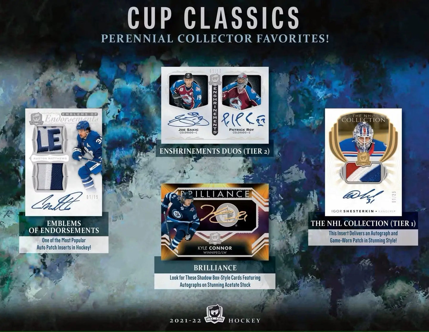 Hockey card collection featuring 2021-22 Upper Deck The Cup base set auto patch foil auto