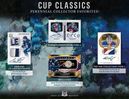 Hockey card collection featuring 2021-22 Upper Deck The Cup base set auto patch foil auto