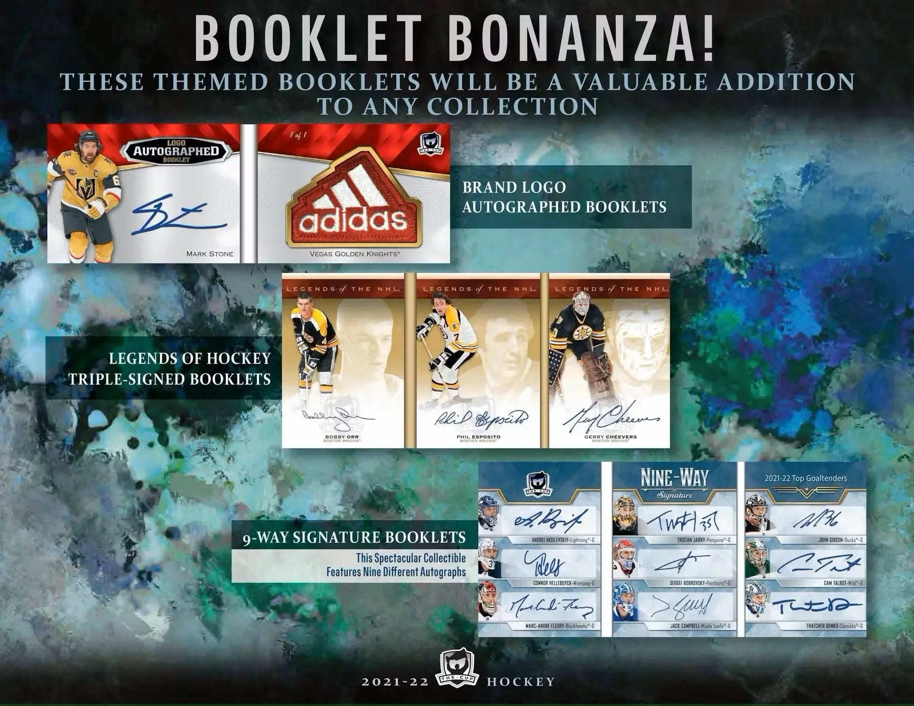 Hockey card booklet collection featuring base set auto patch and foil auto cards in 2021-22 Upper Deck The Cup Hobby Box