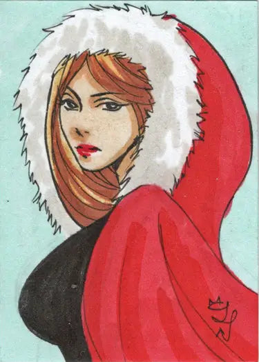 Artistic illustration of red hooded winter coat with white fur trim on Tiffany Peek sketch card