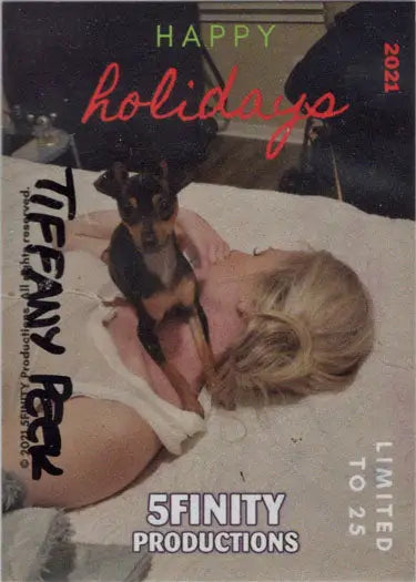 Holiday greeting card featuring a person with a small black dog in Tiffany Peek sketch card