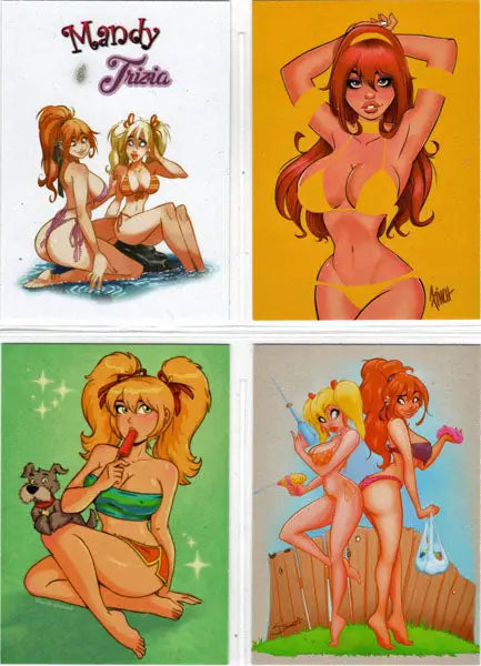 Collection of pin-up style cartoon illustrations in a Four Card Promo Set