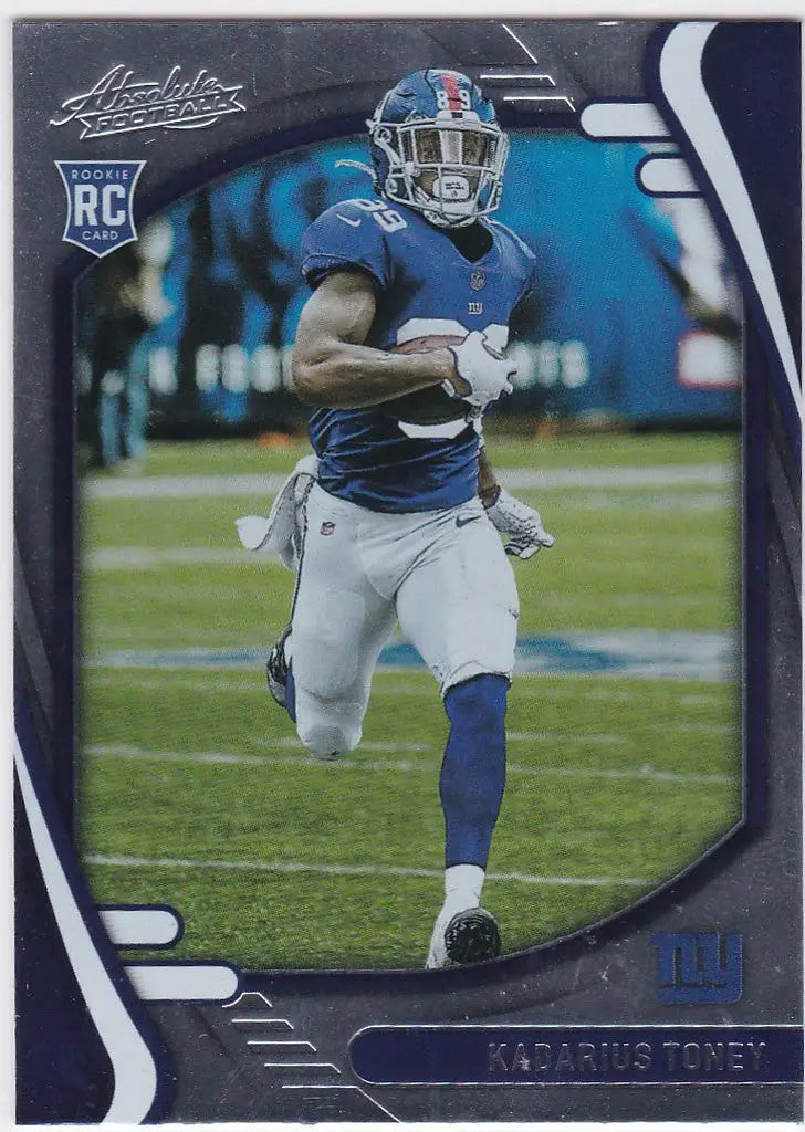 Football player in blue jersey running with ball for 2021 Absolute Kadarius Toney RC football cards