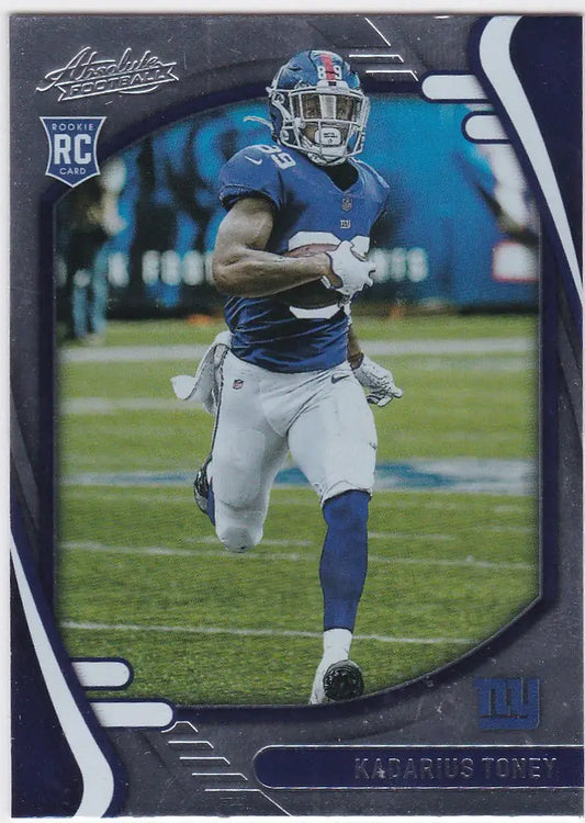 Football player in blue jersey running with ball for 2021 Absolute Kadarius Toney RC football cards