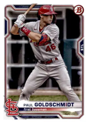 Baseball card of Paul Goldschmidt in batting stance, featuring original gloss finish