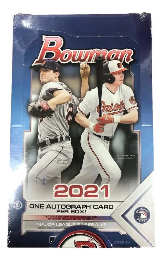 Box of 2021 Bowman Baseball Cards featuring player images and autographed card options