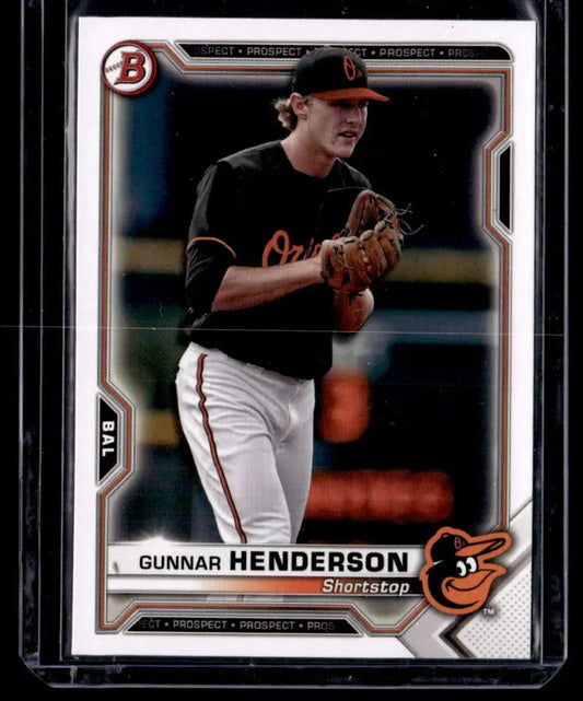 Baseball card of Gunnar Henderson in black jersey and white pants mid-delivery