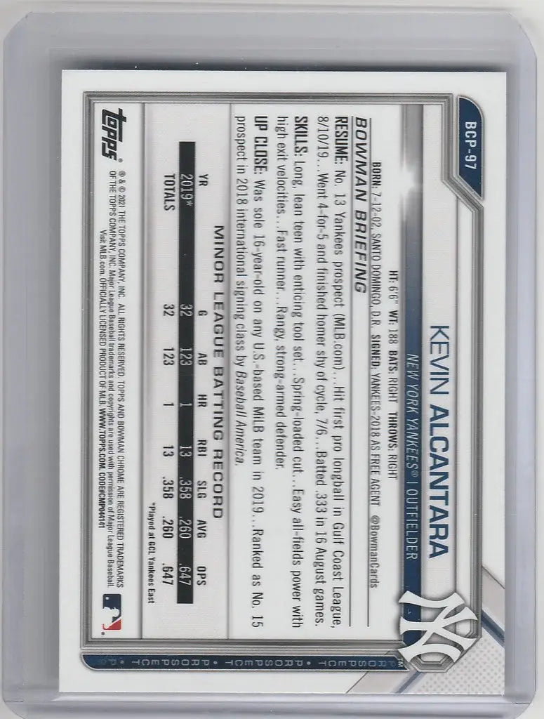 Baseball trading card featuring Kevin Alcantara statistics for New York Yankees Bowman Chrome