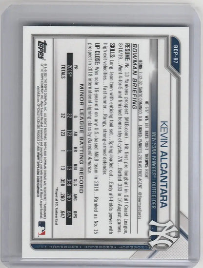 Baseball trading card featuring Kevin Alcantara statistics for New York Yankees Bowman Chrome