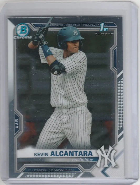 Baseball card of Kevin Alcantara with New York Yankees in batting stance from Bowman Chrome