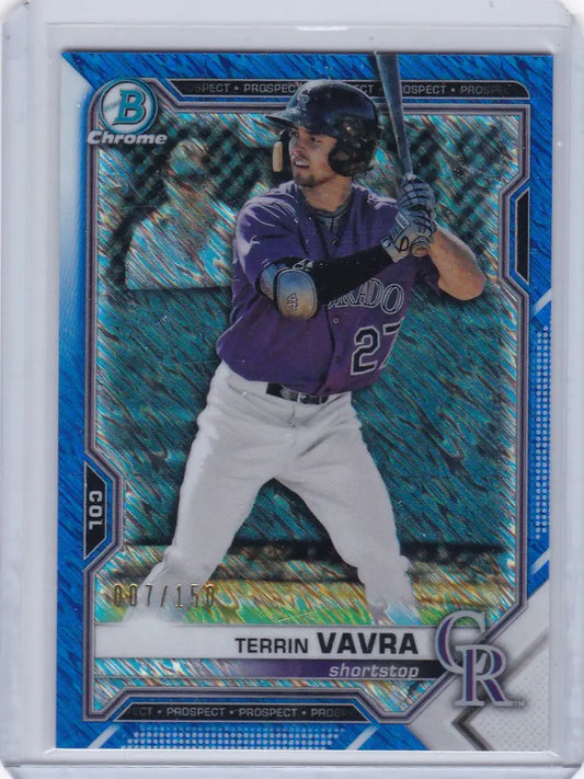 Blue-tinted Bowman Chrome Blue card of Colorado Rockies player Terrin Vavra in motion