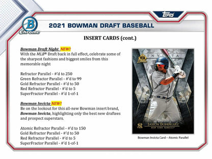 Baseball card product sheet showing insert details from 2021 Bowman Draft Asia Exclusive