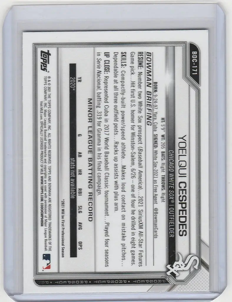 Baseball trading card featuring Yoelqui Cespedes from 2021 Bowman Draft Chrome Chicago White Sox