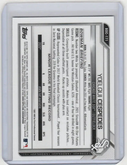 Baseball trading card featuring Yoelqui Cespedes from 2021 Bowman Draft Chrome Chicago White Sox