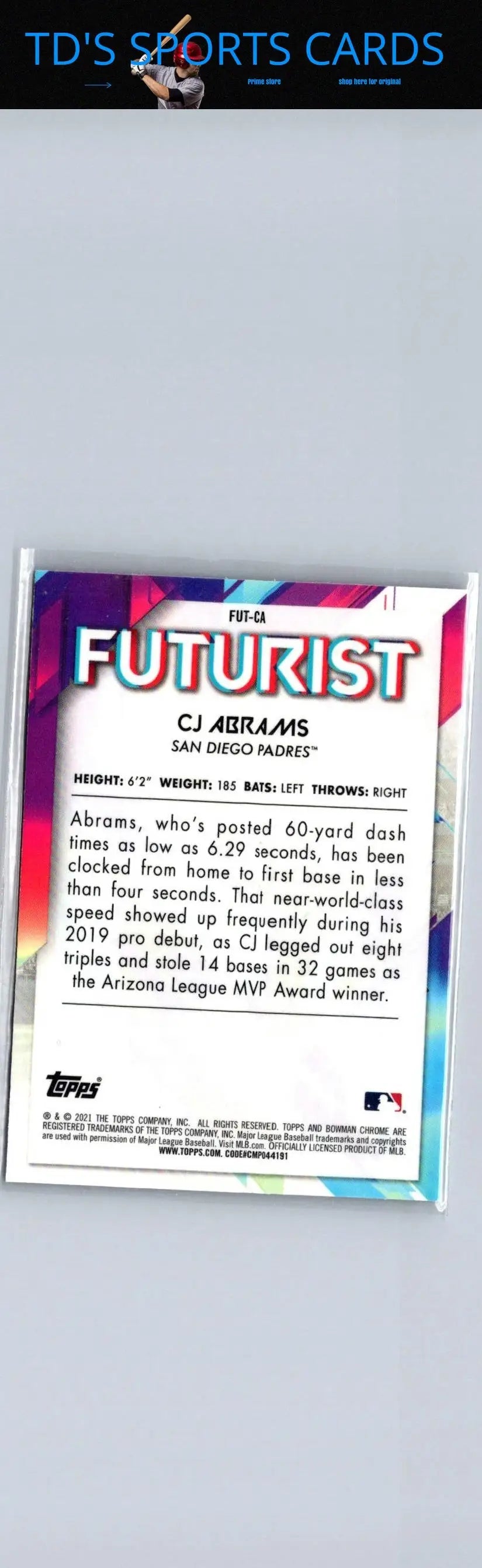 2021 Bowman CJ Abrams Chrome Futurist baseball card featuring Abrams Chrome Futurist design