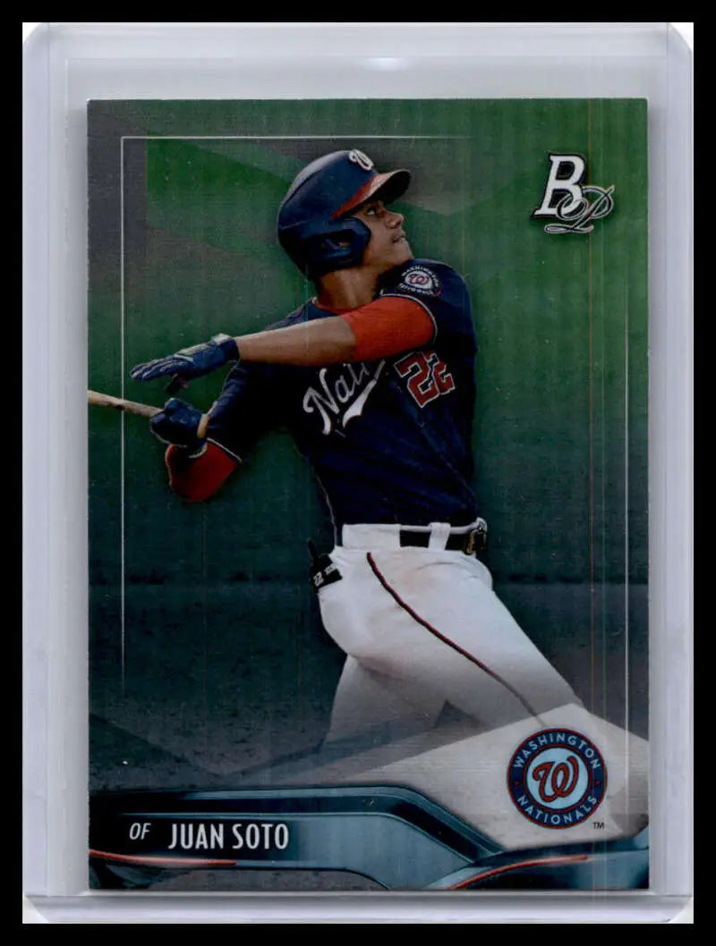Juan Soto batting stance on 2021 Bowman Platinum baseball card for Washington Nationals