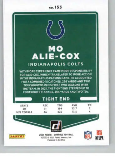 Mo Alie-Cox 2021 Donruss #153 card featuring original gloss, a sought-after collectible
