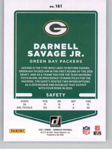 Darnell Savage Jr. football card 2021 Donruss #161 with original gloss Packers collectible