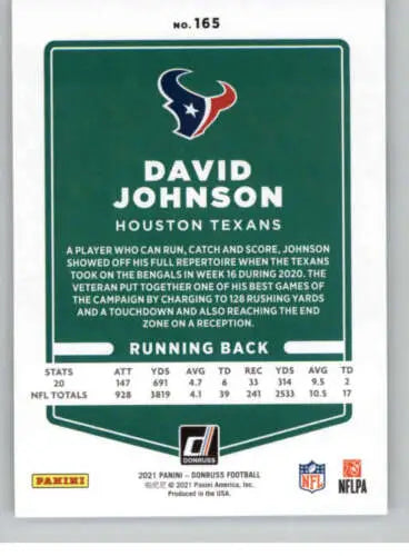 2021 Donruss #165 David Johnson NM-MT Texans football card with original gloss features