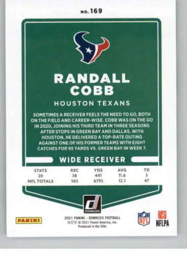 2021 Donruss #169 Randall Cobb NM-MT Texans football card with original gloss finish